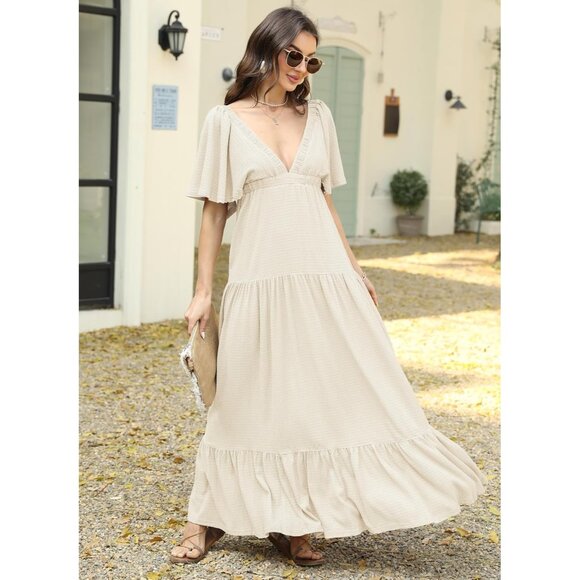 Women Summer Dress Maxi V-Neck Backless Flutter Sleeves Tiered Silhouette - Picture 9 of 9